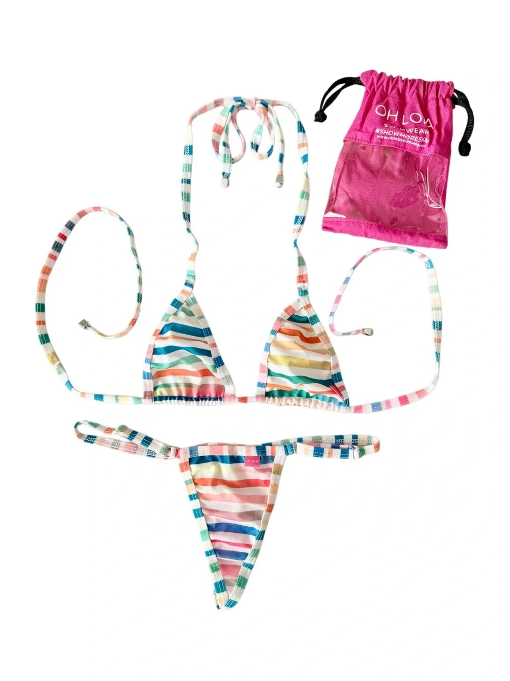 Oh Lola Swimwear Multicolor Stripe Micro Bikini + Pouch | Size Small